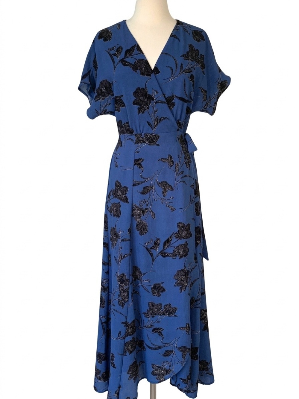 Bobeau Blue Black Royal Floral Wrap Maxi Dress XS